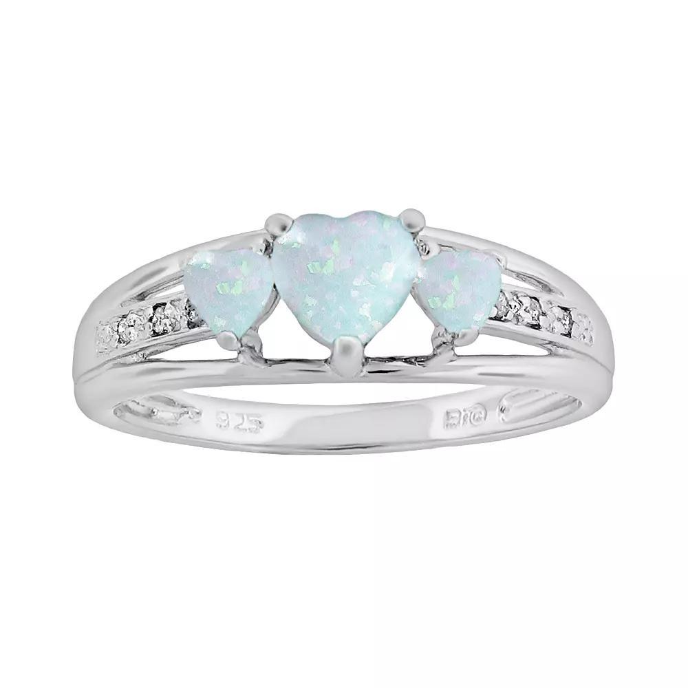 Gemminded Sterling Silver Lab-Created Opal and Diamond Accent Heart 3-Stone Ring, Women's, Size: 9, White Product Image