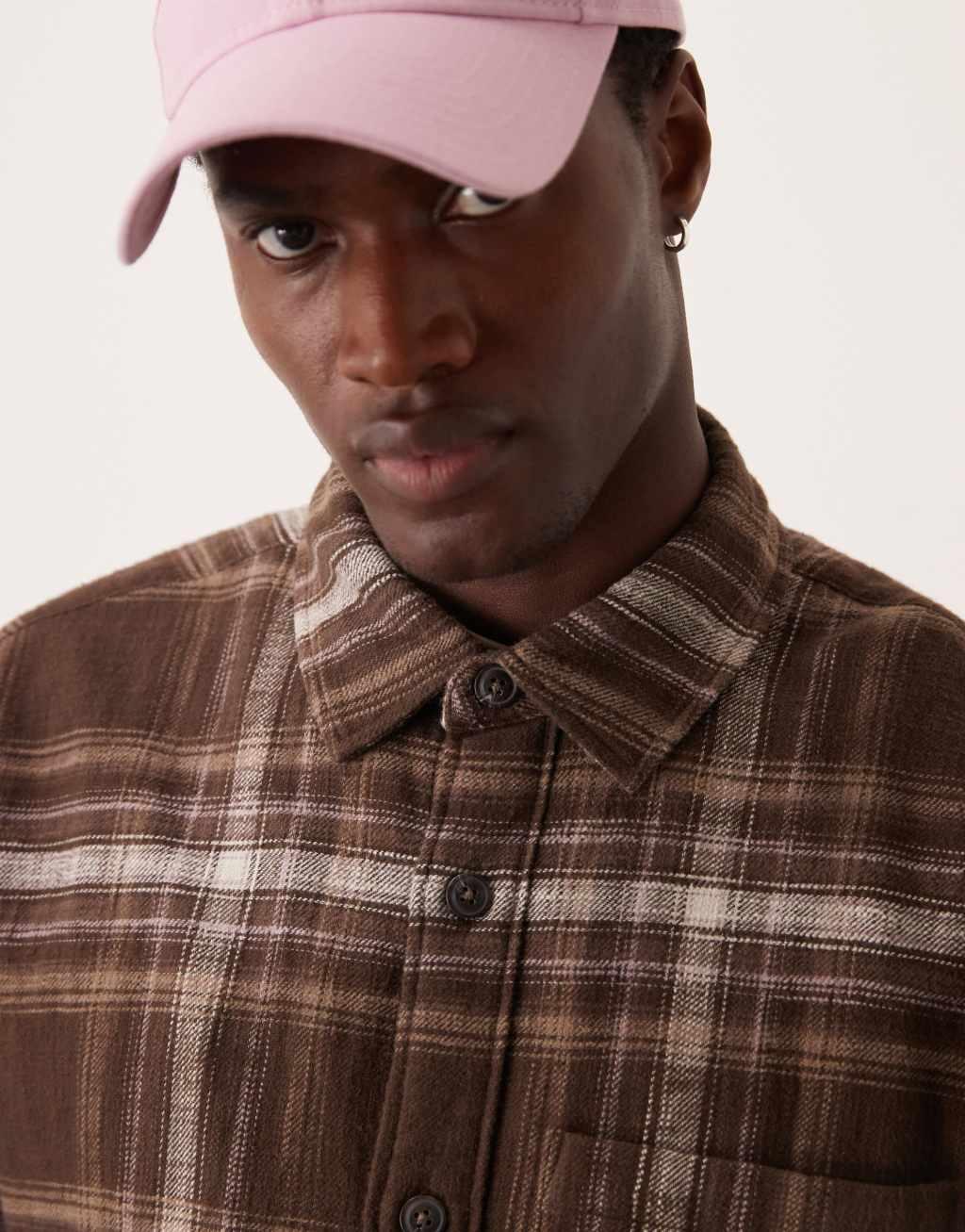 Abercrombie & Fitch cropped slub flannel plaid overshirt in brown Product Image