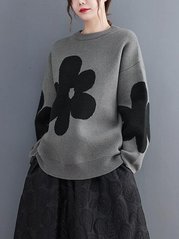 Casual Loose Long Sleeves Contrast Color Jacquard Round-Neck Sweater Tops Product Image