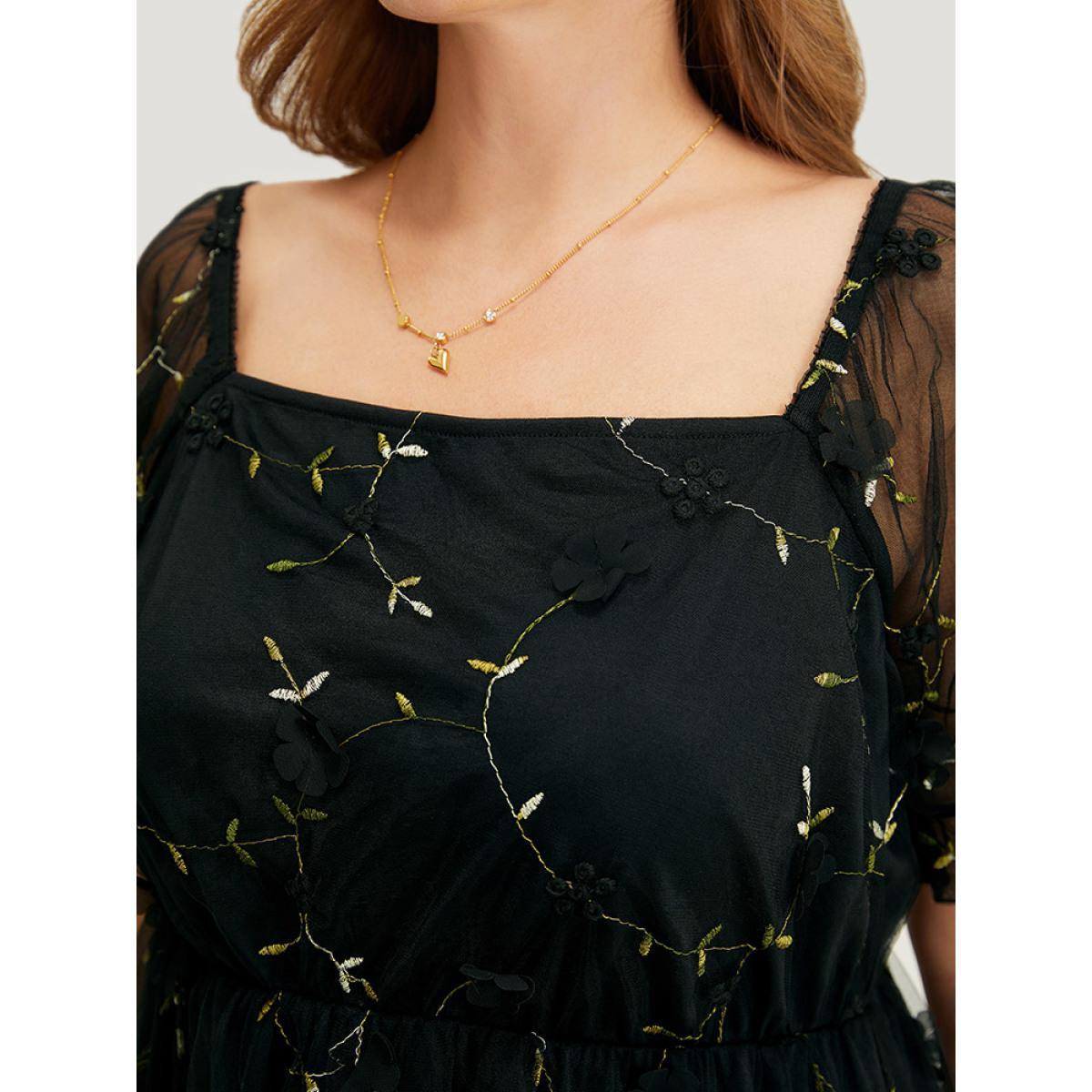Plus Size BlackFlower Plant Embroidered Appliques Mesh Puff Sleeve Blouse Women Party Short sleeve Square Neck Going out Blouses BloomChic 30/6X Product Image