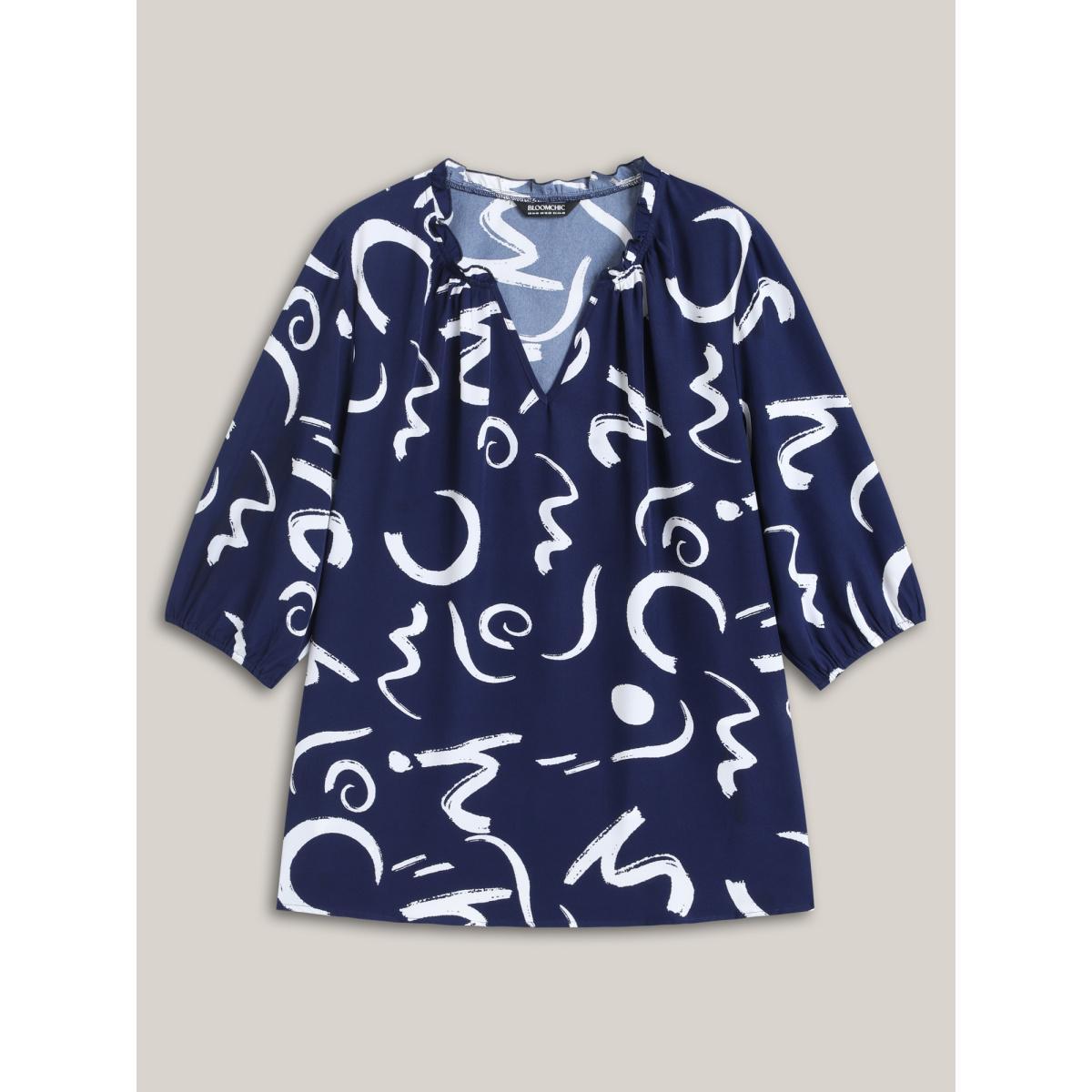 Plus Size Indigo Scribble Print Ruffled Split Neck Blouse Women Elbow-length sleeve Notched collar Work Blouses BloomChic 30/6X Product Image