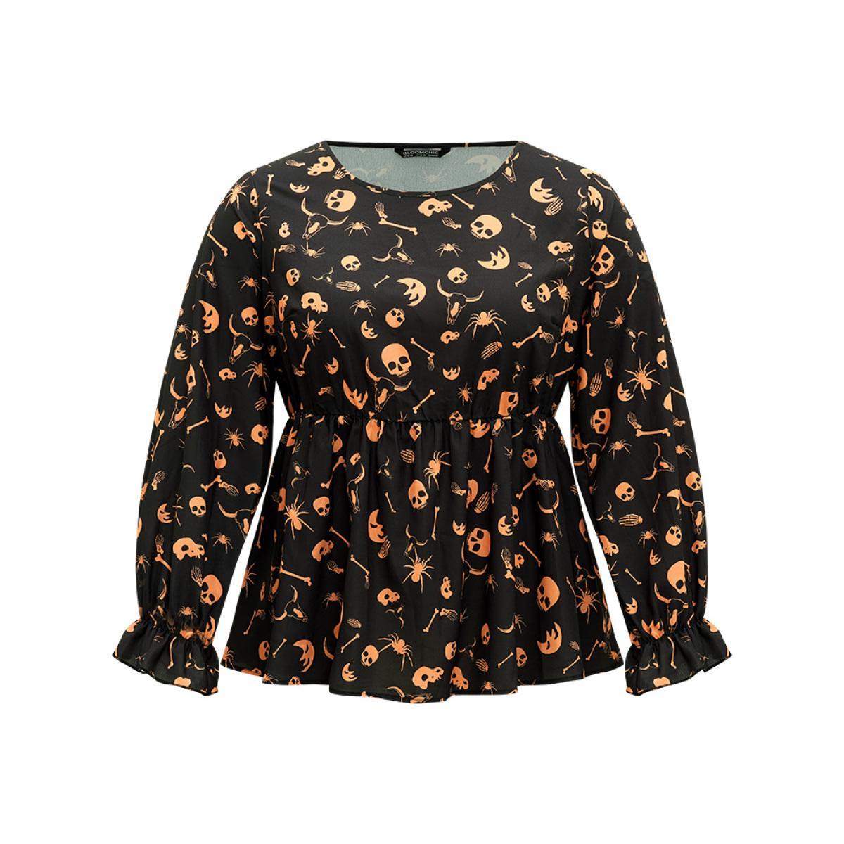 Plus Size Black Halloween Print Elastic Waist Crew Neck Lantern Sleeve Blouse Women Elegant Long Sleeve Round Neck Festival-Halloween Blouses BloomChic 18-20/2X Product Image