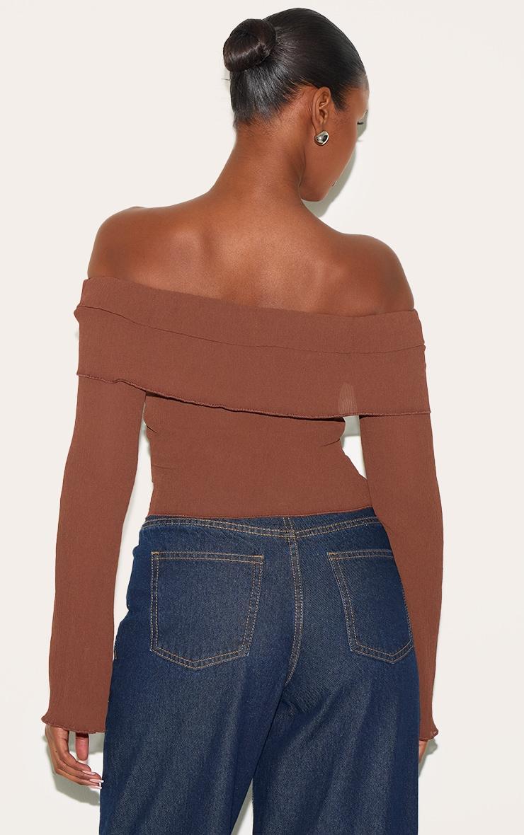 Chocolate Plisse Chiffon Bardot Blouse Product Image