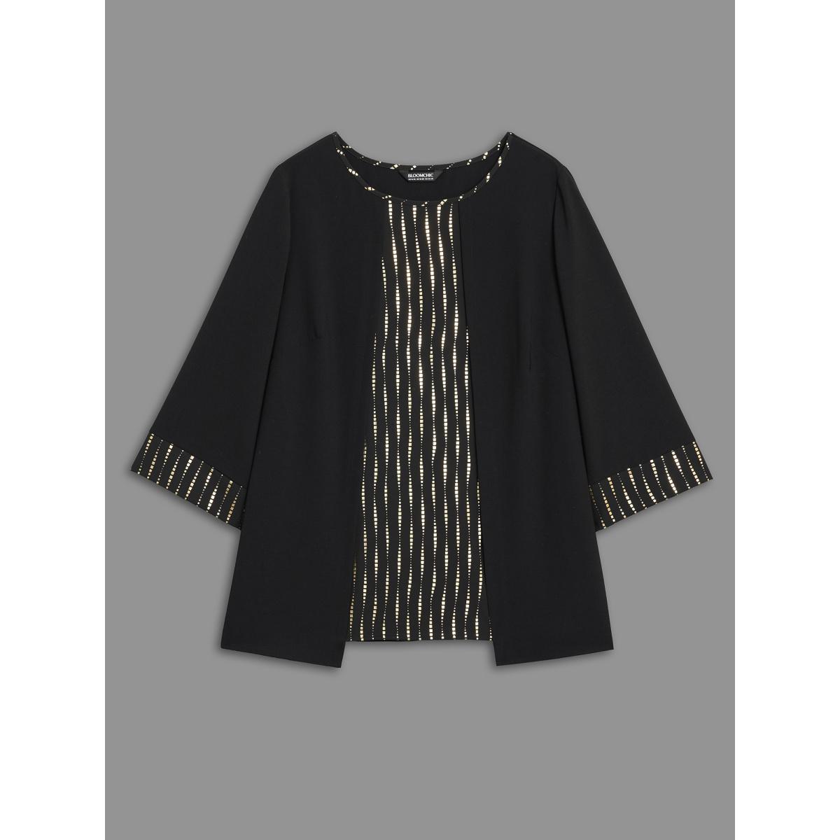 Plus Size Black Crew Neck Glitter Patchwork Contrast Blouse Women Cocktail Long Sleeve Round Neck Party Blouses BloomChic 22-24/3X Product Image
