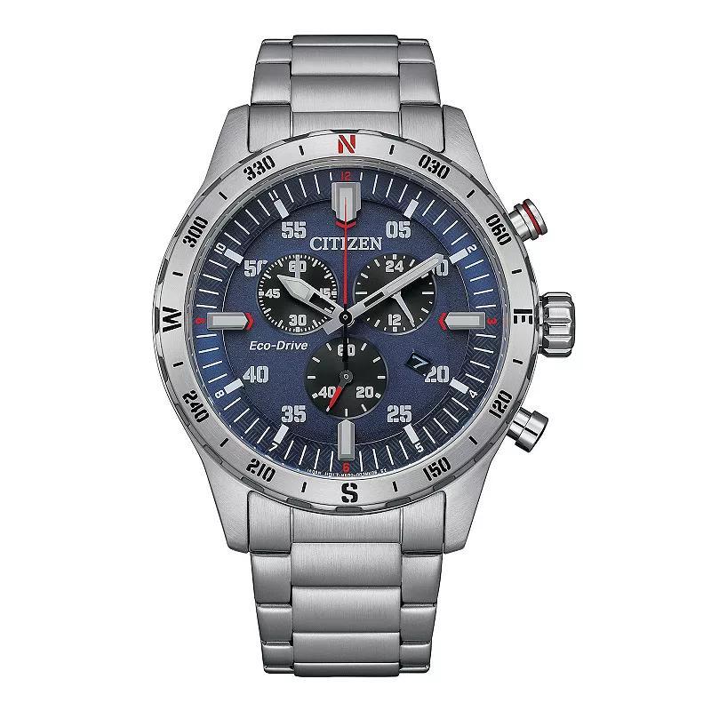 Citizen Mens Eco-Drive Stainless Steel Blue Accent Chronograph Bracelet Watch - AT2520-89L Blue Silver Product Image