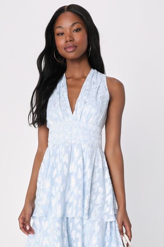 Make It Mesmerizing Light Blue Jacquard Tiered Midi Dress Product Image