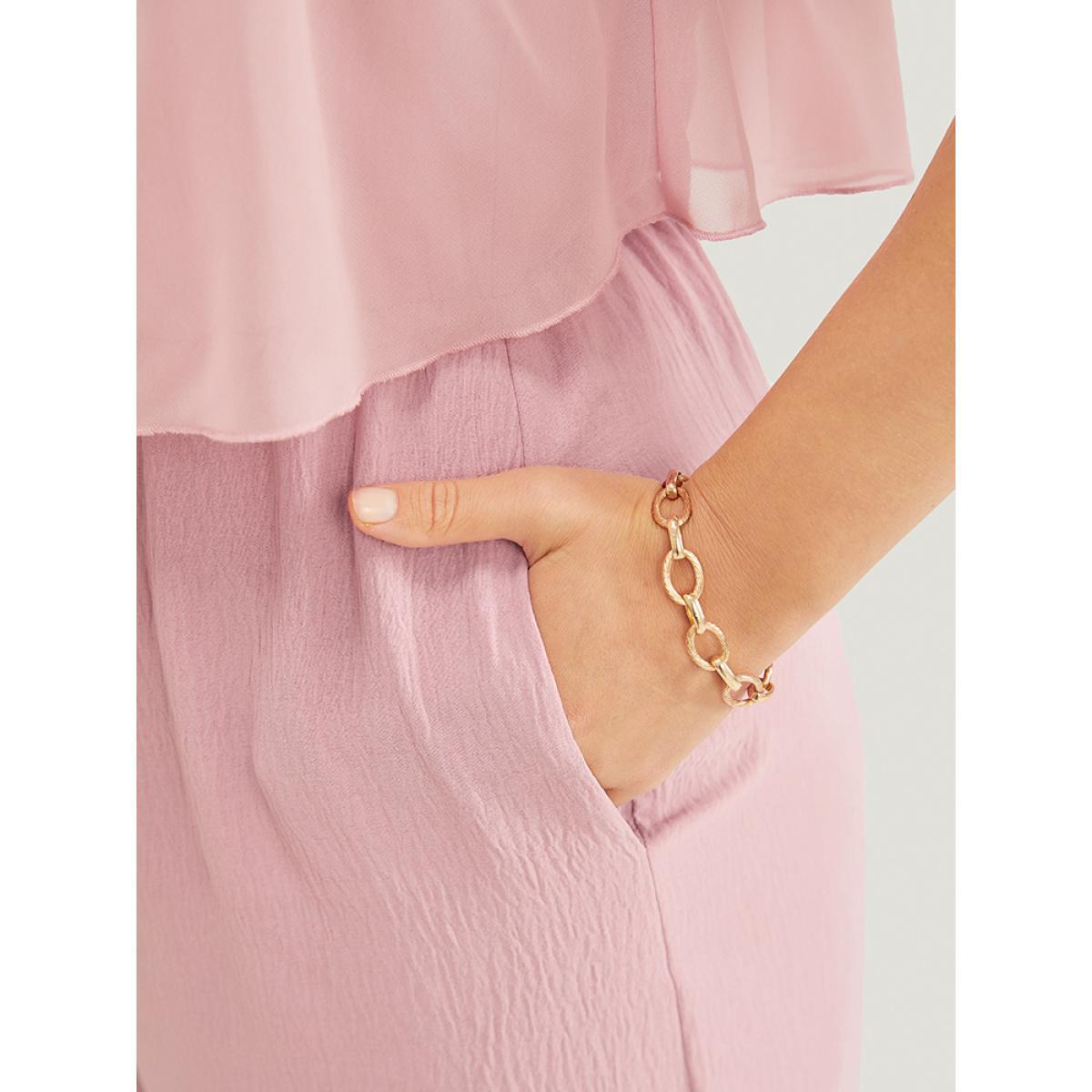 Plus Size MistyRose Solid Ruffle Trim Pocket Split Hem Keyhole Cami Jumpsuit Women Elegant Sleeveless Spaghetti Strap Dailywear Loose Jumpsuits BloomChic 28/5X Product Image