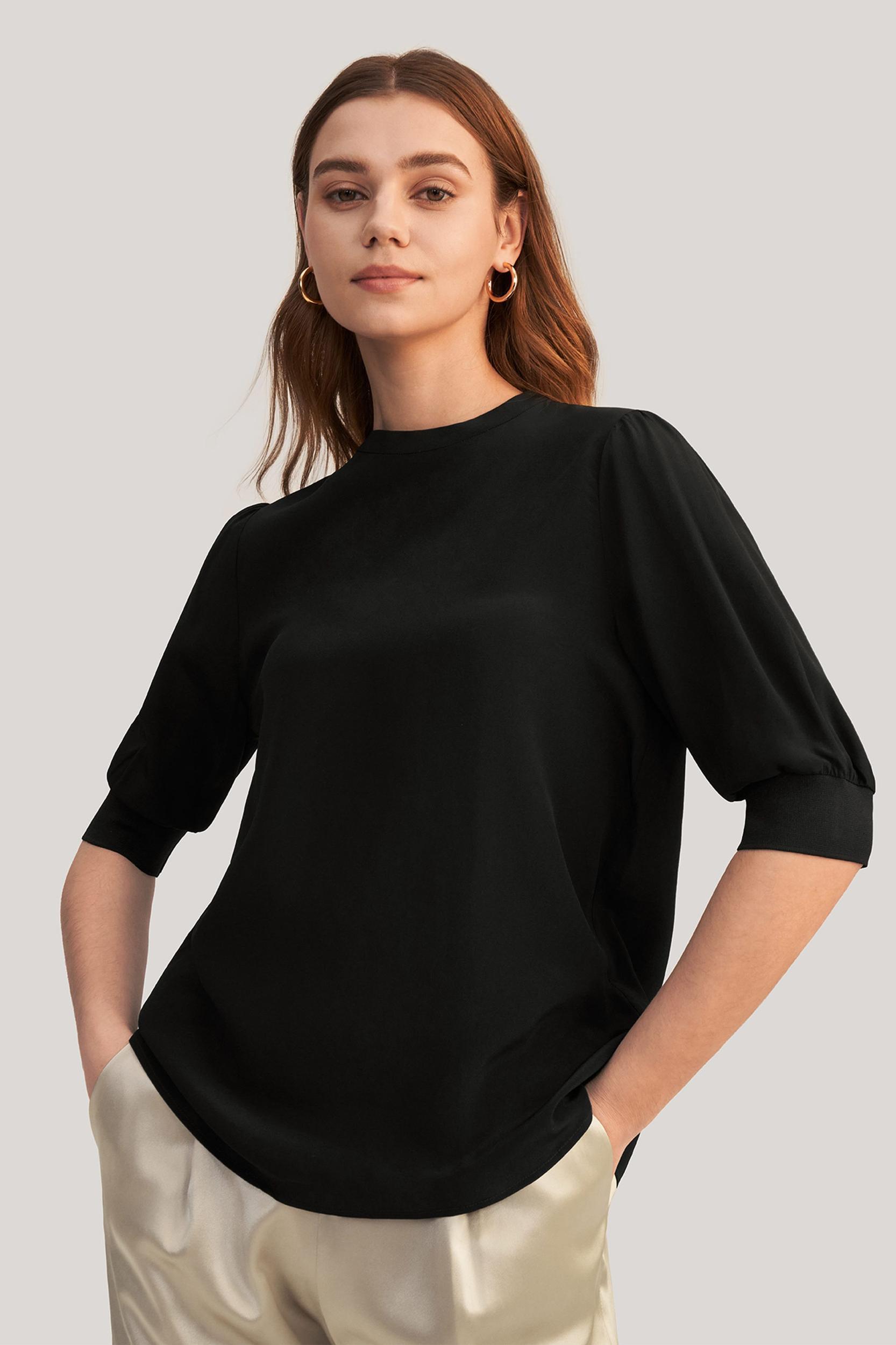 Elegant Casual Silk Tee With Rib Cuff Product Image