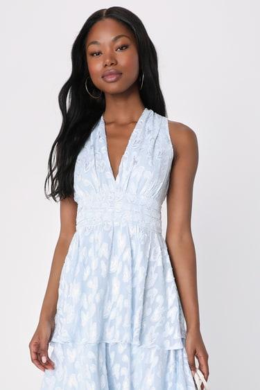 Make It Mesmerizing Light Blue Jacquard Tiered Midi Dress Product Image