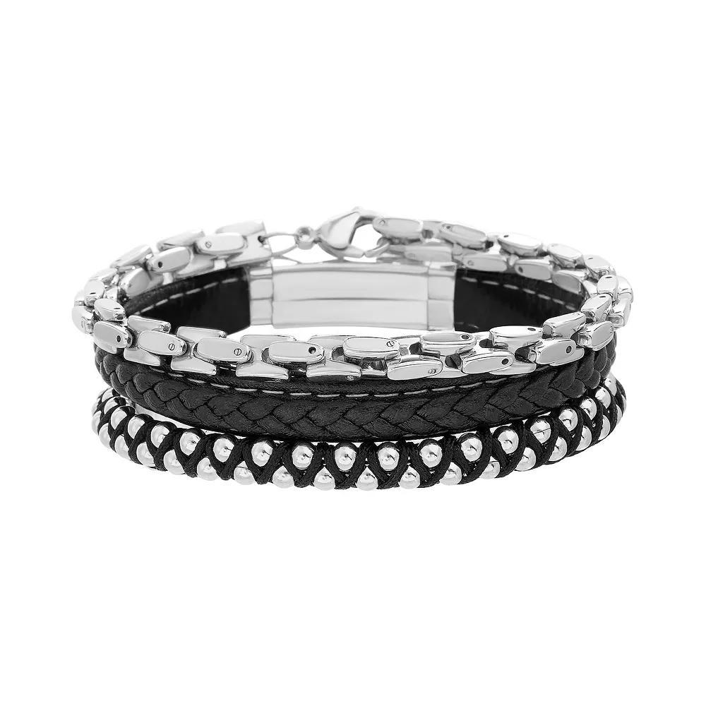 1913 Mens 3-pc. Leather & Stainless Steel Bracelet Trio Set Product Image