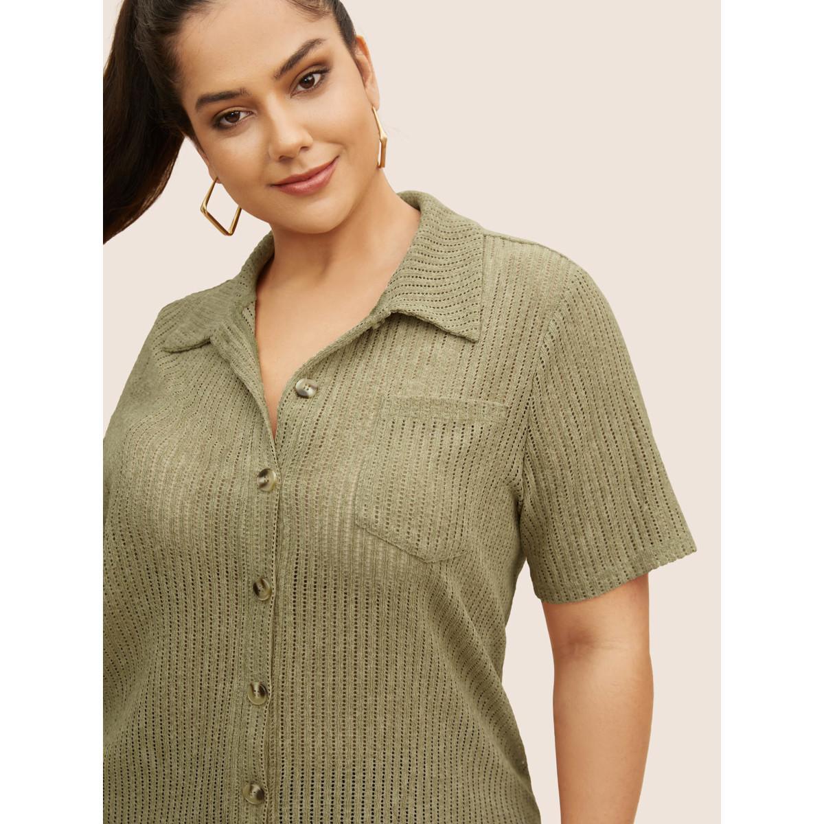 Plus Size Textured Hollow Out Shirt Collar T-shirt Sage Women Casual Button Shirt collar Everyday T-shirts BloomChic 18-20/2X Product Image