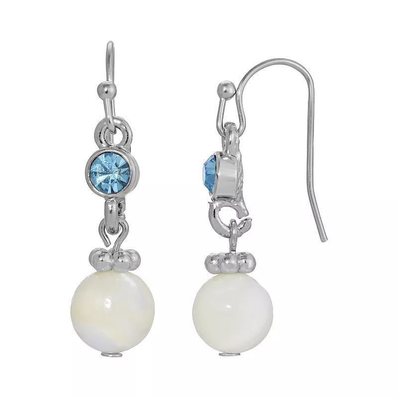 1928 Silver Tone Simulated Mother Of Pearl and Fancy Blue Crystal Drop Earrings, Womens, White Product Image