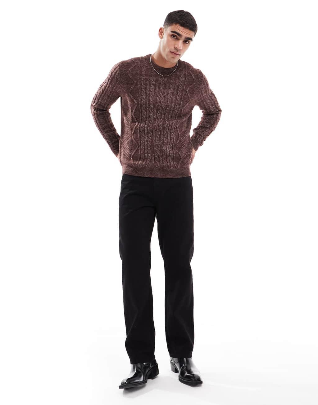 ASOS DESIGN heavyweight cable knit crew neck sweater in chocolate brown Product Image