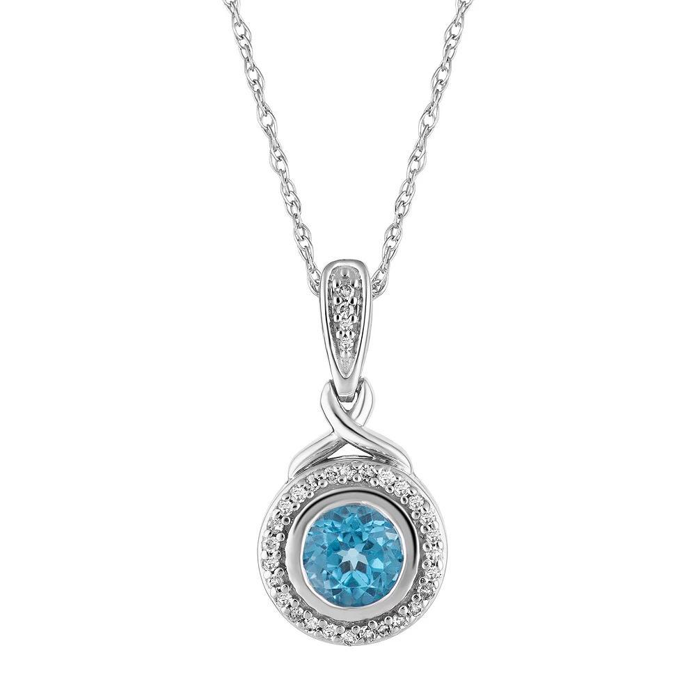10k White Gold Swiss Blue Topaz & 1/8 Carat T.W. Diamond Halo Pendant Necklace, Women's, Size: 18", 10k Whgold Product Image
