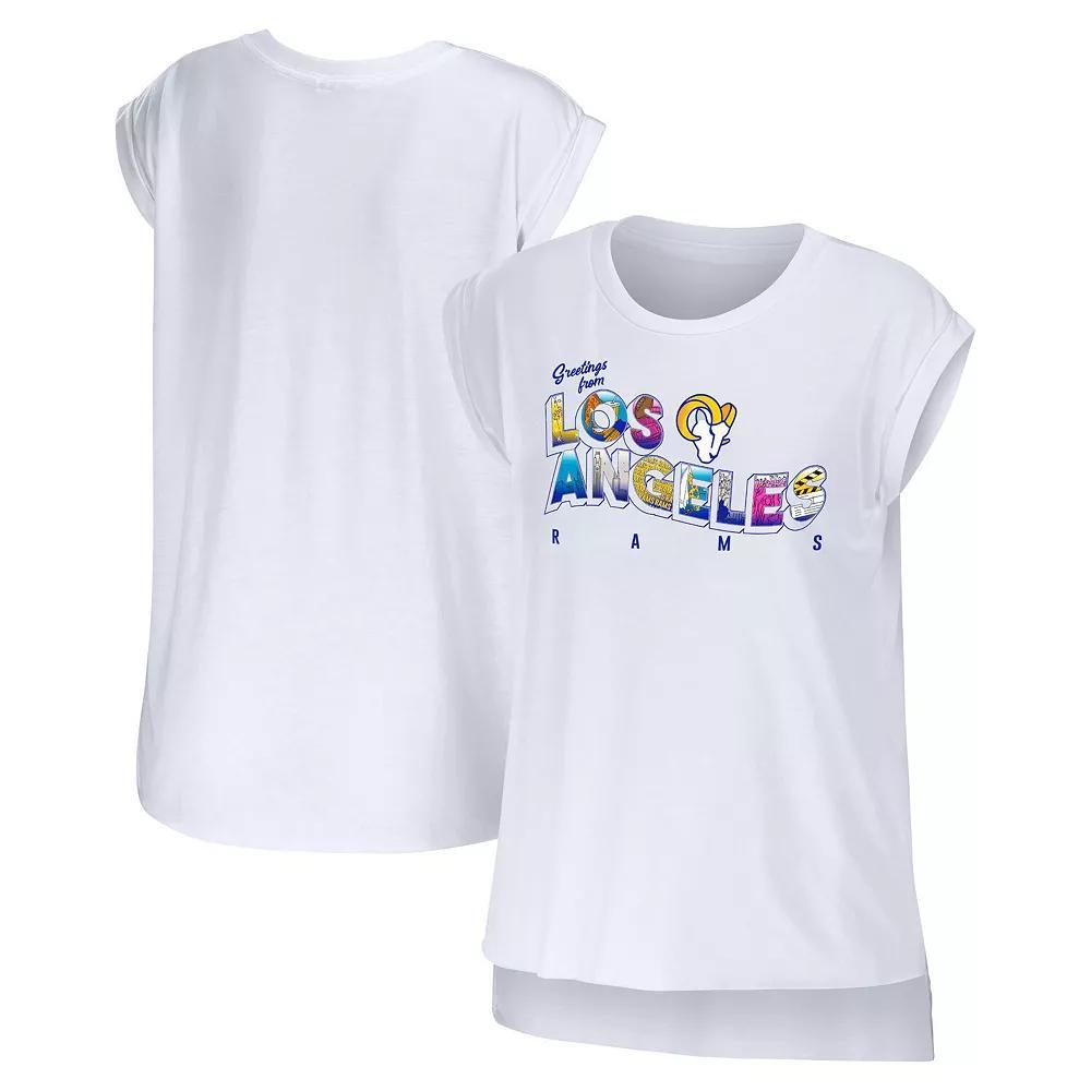 Women's WEAR by Erin Andrews White Los Angeles Rams Greetings From Muscle T-Shirt, Size: Small Product Image