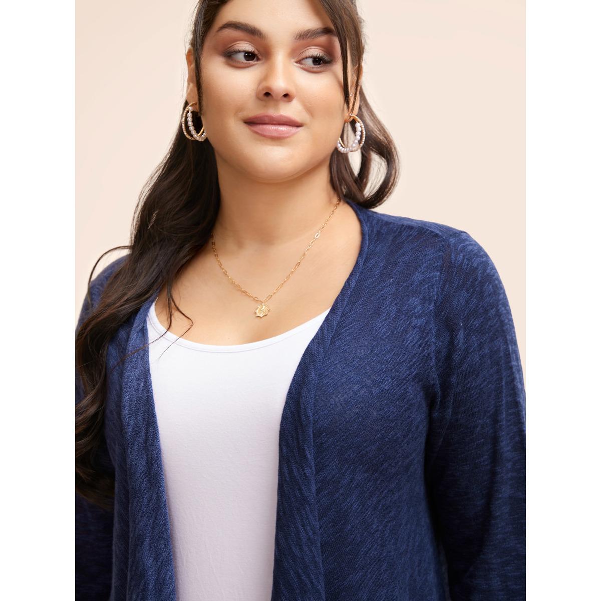 Plus Size Kimono Collar Hanky Hem Cardigan Indigo Women Casual Loose Long Sleeve Everyday Cardigans BloomChic 12/L Product Image