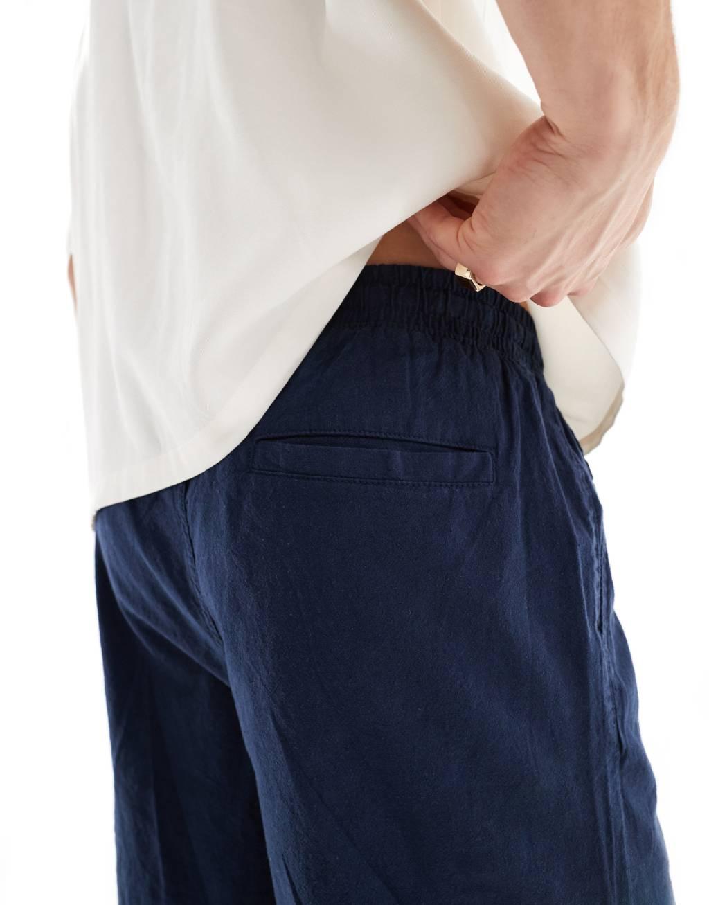Jack & Jones loose fit linen shorts in navy Product Image