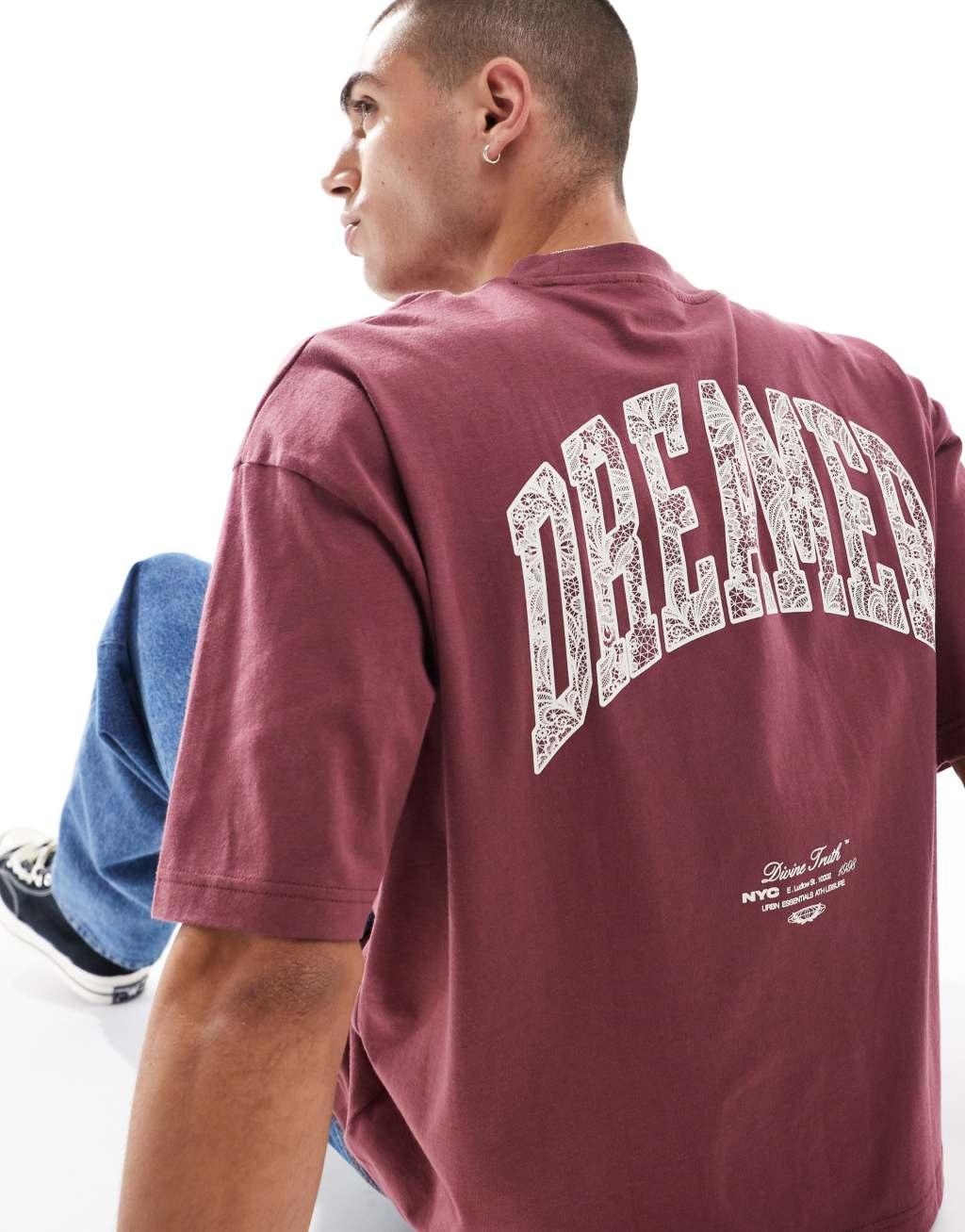 ASOS DESIGN boxy oversized t-shirt with back print in burgundy Product Image