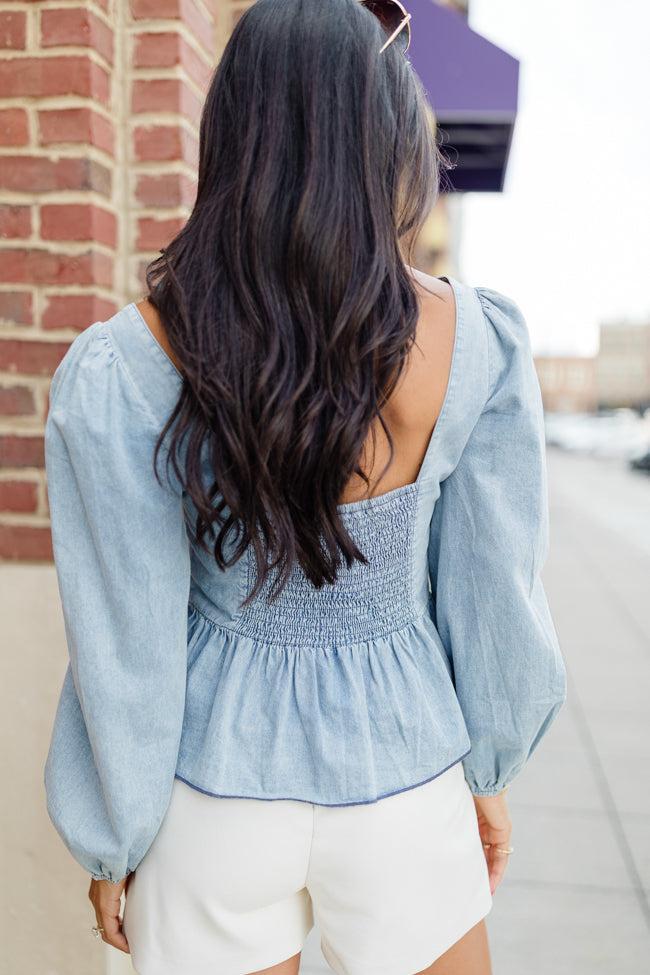 Up To Me Medium Wash Corset Front Chambray Blouse FINAL SALE Product Image