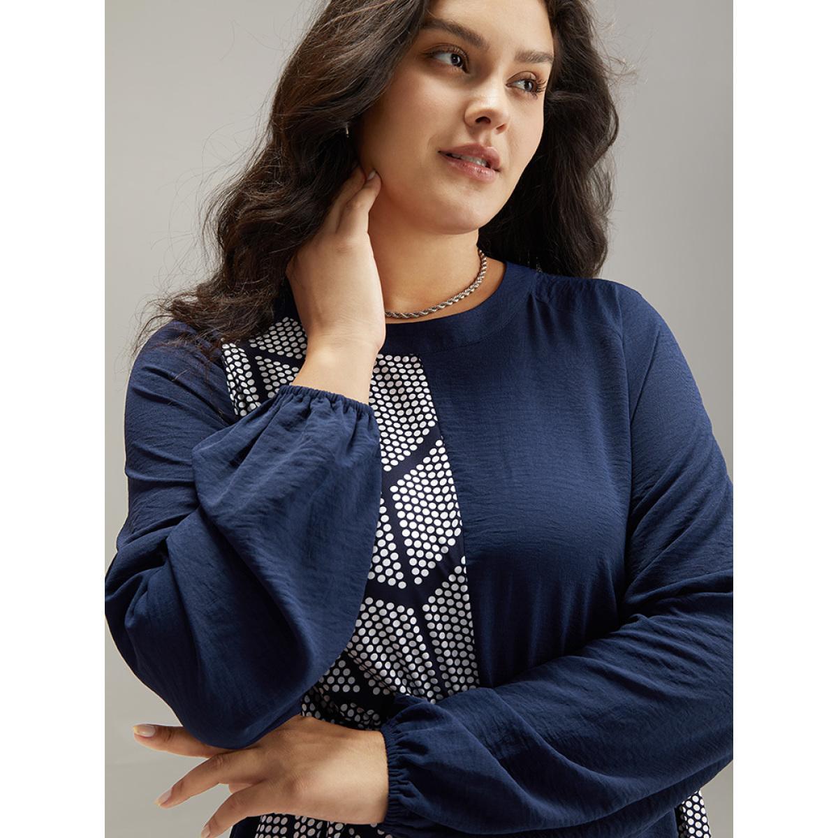 Plus Size Polka Dot Geometric Patchwork Belted Dress Navy Women At the Office Elastic cuffs Round Neck Long Sleeve Curvy Midi Dress BloomChic 12/L Product Image