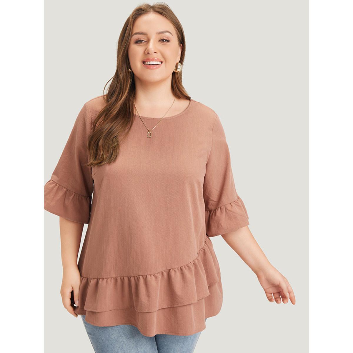 Plus Size Rouge Solid Bell Sleeve Ruffle Layered Blouse Women Elegant Half Sleeve Round Neck Dailywear Blouses BloomChic 26/4X Product Image