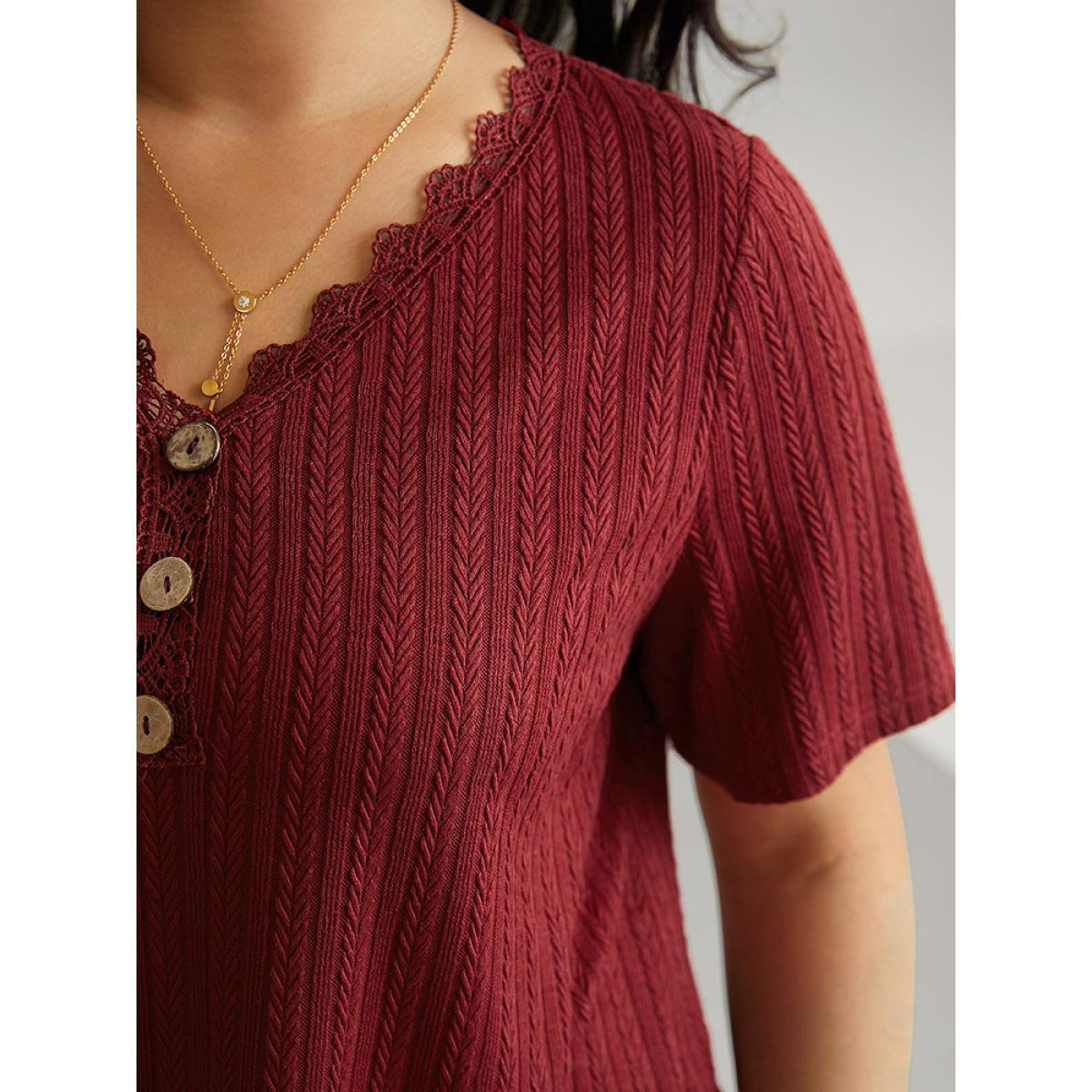 Plus Size Lace Trim Plisse Button Detail T-shirt Burgundy Women Casual Texture Plain V-neck Everyday T-shirts BloomChic 22-24/3X Product Image