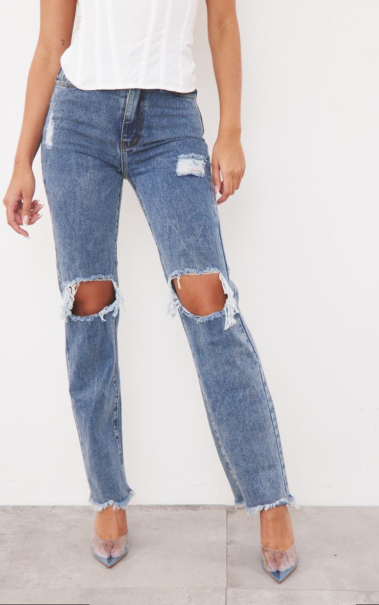 Vintage Wash High Rise Ripped Straight leg Jeans Product Image