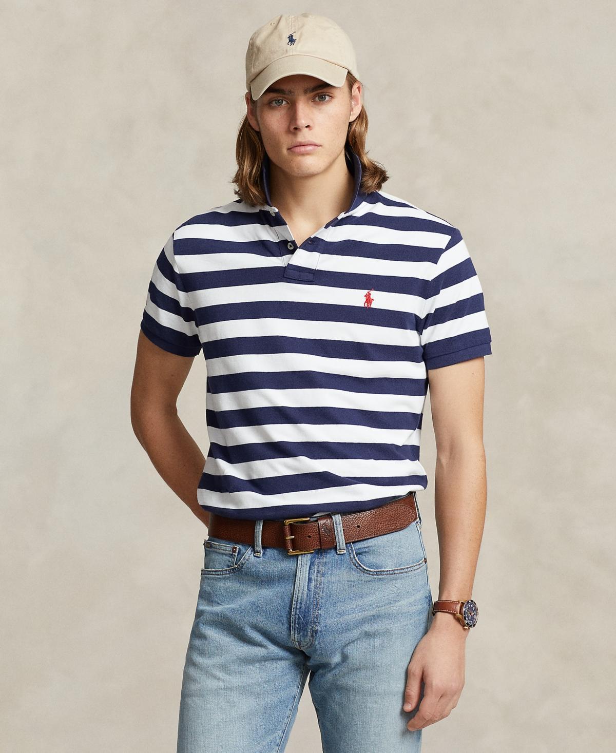 Polo Ralph Lauren Mens Classic-Fit Striped Mesh Polo Shirt - New England Blue Product Image