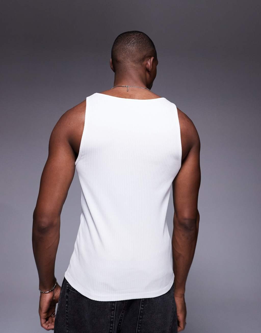 ASOS DESIGN heavyweight muscle boxy square neck ribbed tank top in white Product Image