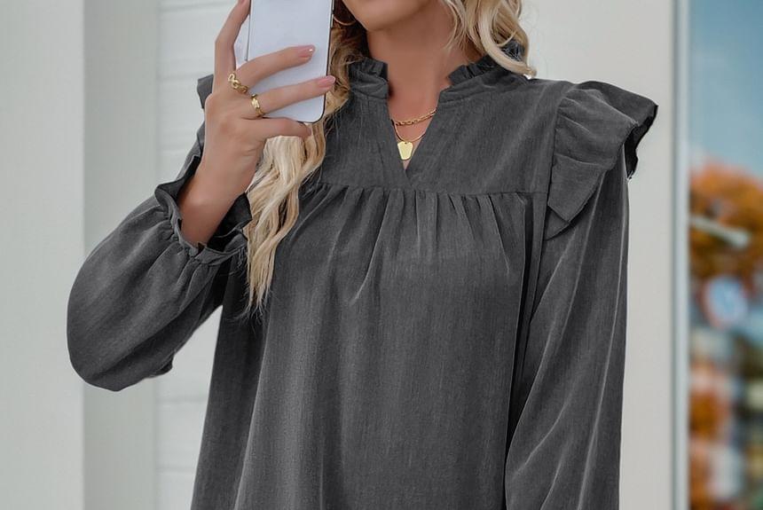 Long-Sleeve V-Neck Plain Ruffle Trim Mini Shift Dress Product Image