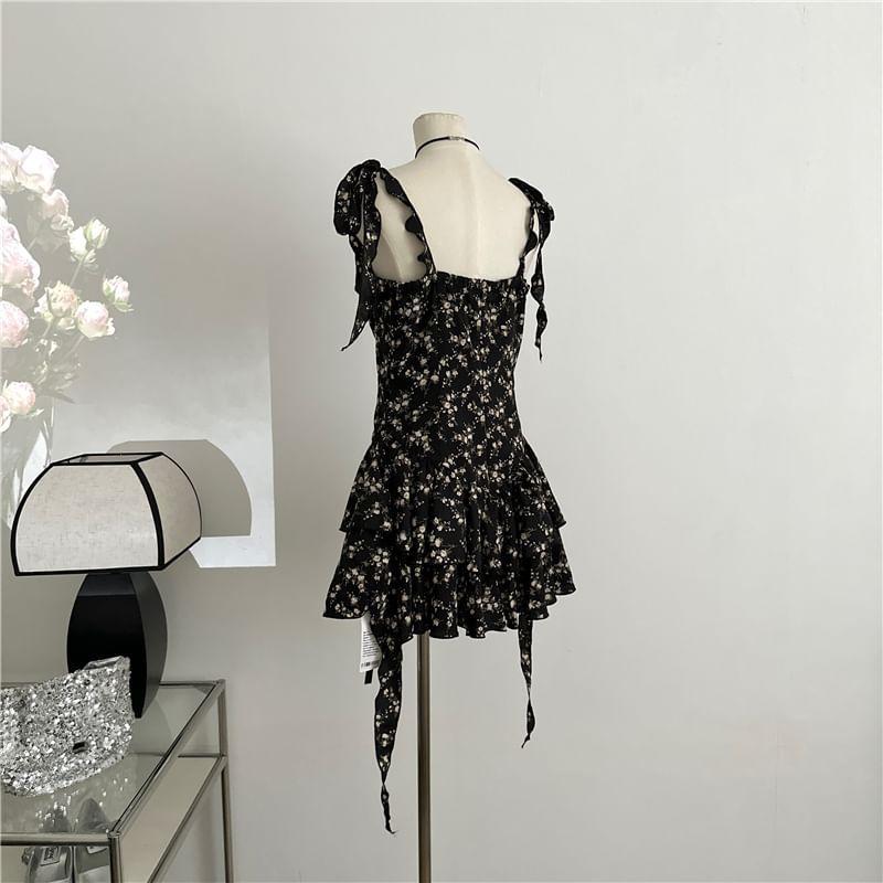 Tie Shoulder Floral Print Ruffle Mini A-Line Dress Product Image