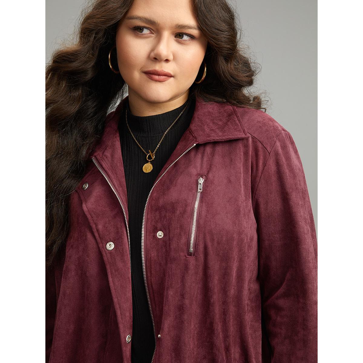 Plus Size Plain Pocket Zipper Fly Drawstring Jacket Women Burgundy Plain Pocket Dailywear Jackets BloomChic 12/L Product Image