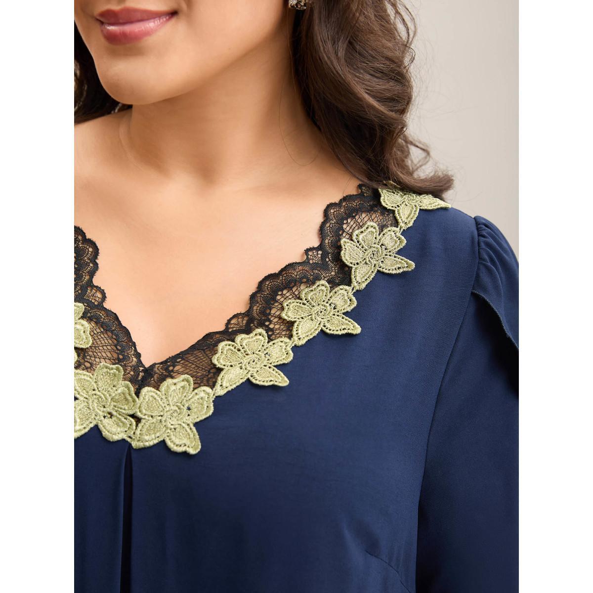 Plus Size Petal Sleeve Waist-Tie Lace Midi Dress Navy Women Elegant Woven ribbon&lace trim V-neck Short sleeve Curvy BloomChic 22-24/3X Product Image