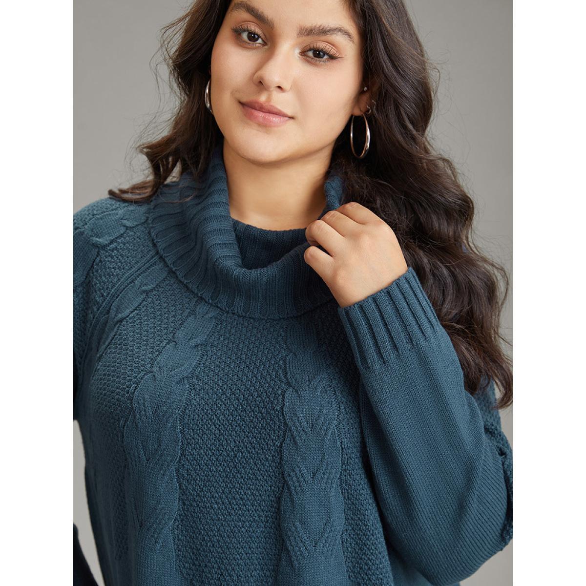 Plus Size Solid Turtle Neck Cable Knit Pullover Cyan Women Casual Loose Long Sleeve Turtleneck Dailywear Pullovers BloomChic 12/L Product Image