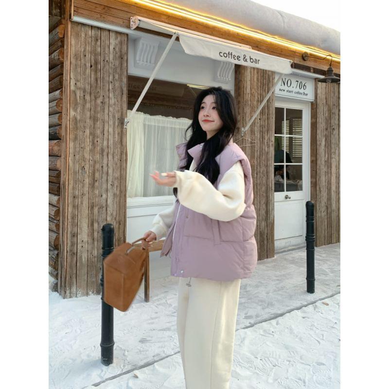 Stand Collar Plain Zip-Up Puffer Vest / Round Neck Sweatshirt / High Rise Harem Sweatpants Product Image