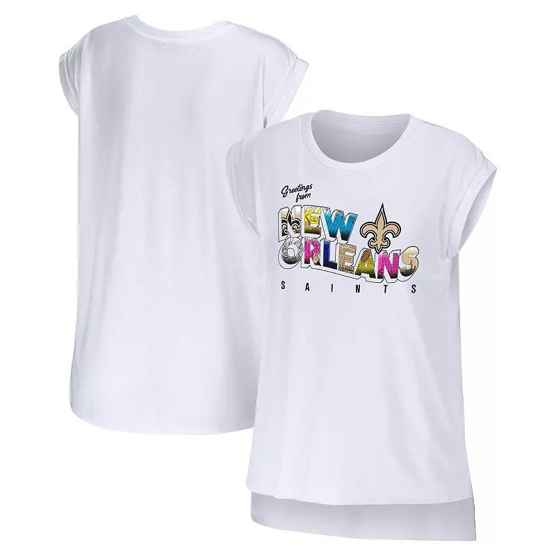 Women's WEAR by Erin Andrews White New Orleans Saints Greetings From Muscle T-Shirt, Size: XS Product Image