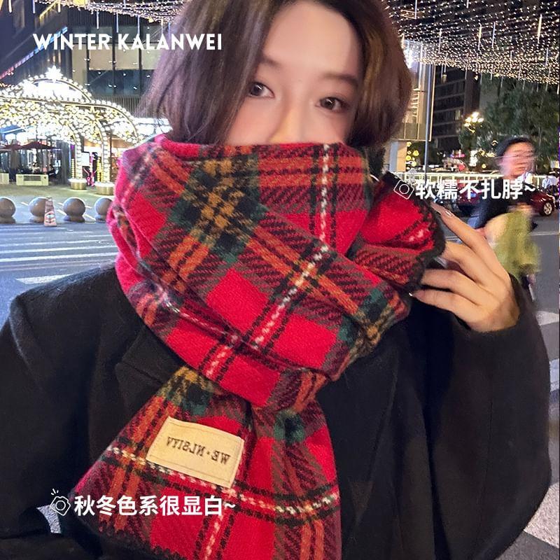 Lettering Applique Plaid Shawl Product Image