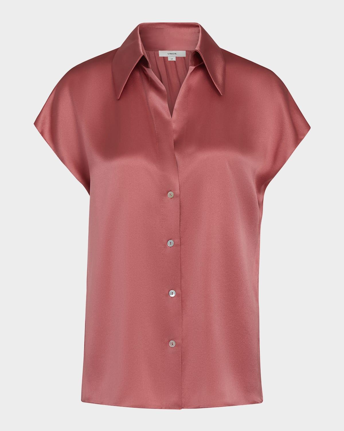Cap-Sleeve Ruched-Back Silk Blouse Product Image