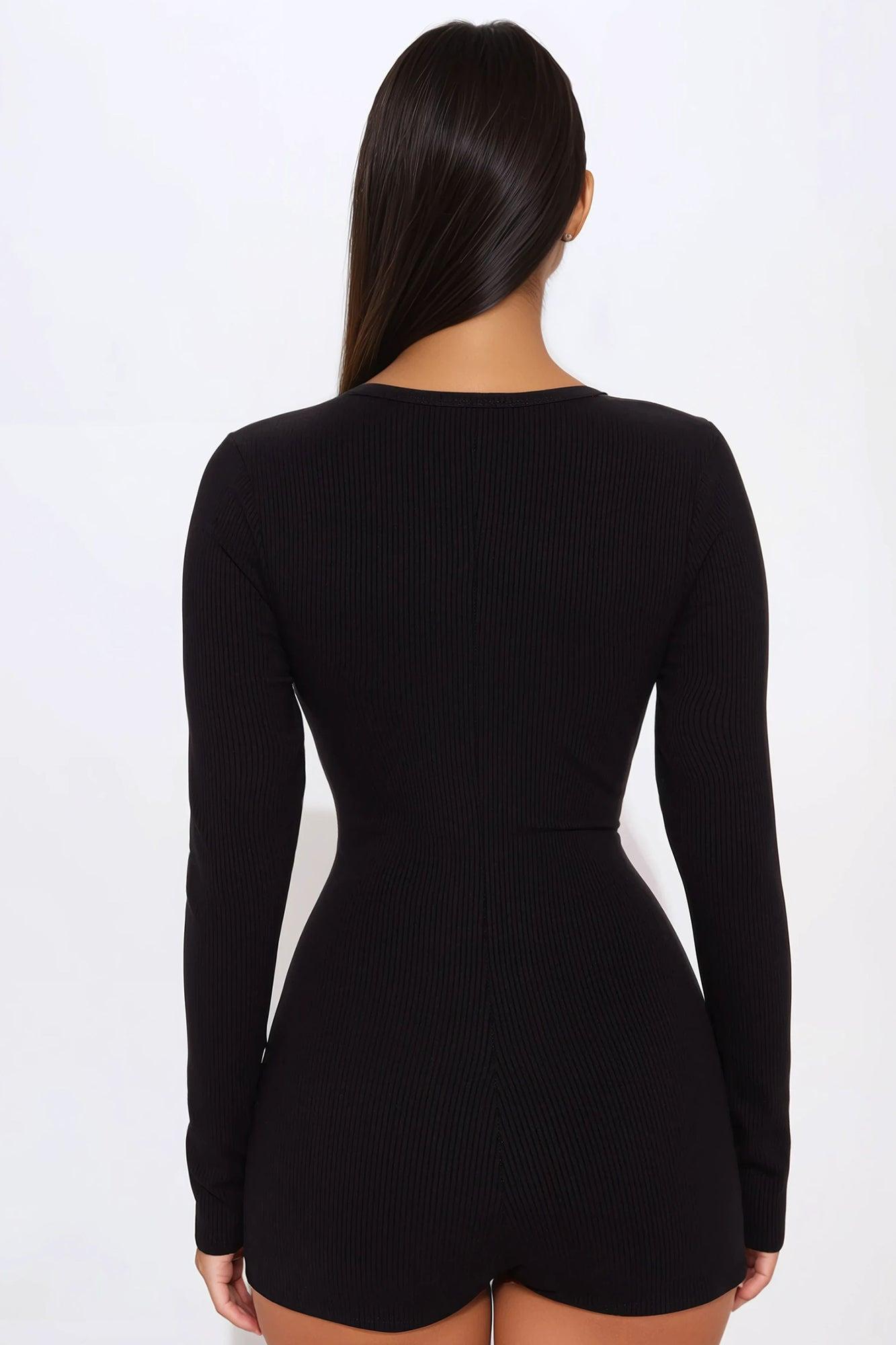 Britt Ribbed Long Sleeve Micro Romper - Black Product Image