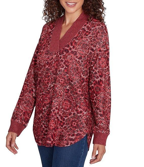 Ruby Rd. Knit Leopard Contrast Trim V-Neck Long Sleeve Top Product Image
