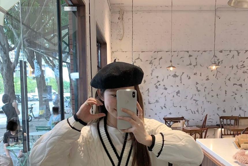 V-Neck Contrast Trim Cable Knit Oversized Cardigan Product Image