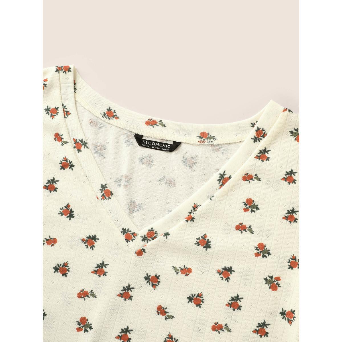 Plus Size Natural Flowers V Neck Flutter Sleeve T-shirt Beige Women Elegant Contrast Natural Flowers V-neck Everyday T-shirts BloomChic 14-16/1X Product Image