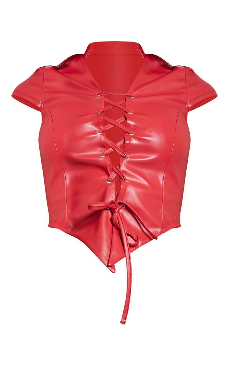 Red PU Lace Up Front Collar Detail Pointed Hem Long Top Product Image