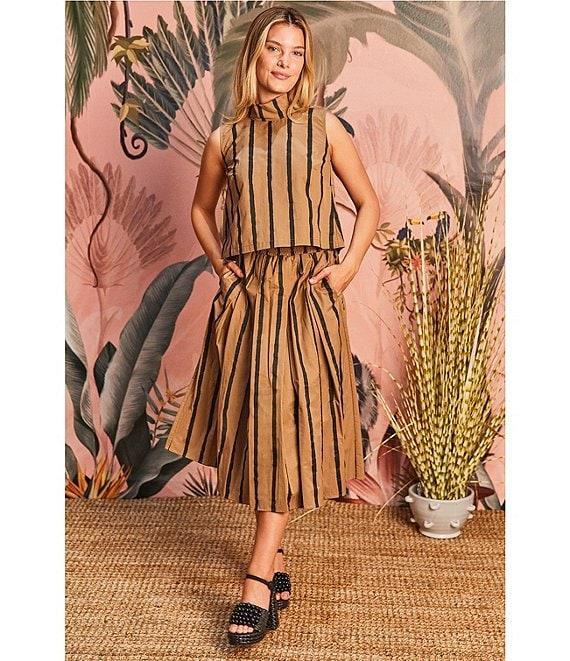 Buru Stripe Brocade Cropped Sleeveless Mock Neck Button Back Coordinating Boxy Top Product Image