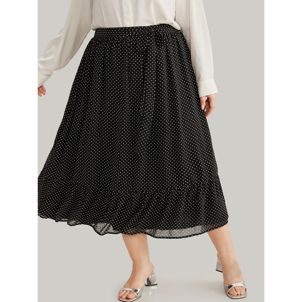 Plus Size Polka Dot Bowknot Ties Ruffles Skirt Women Black Office Lined No stretch Work Skirts BloomChic 28/5X Product Image