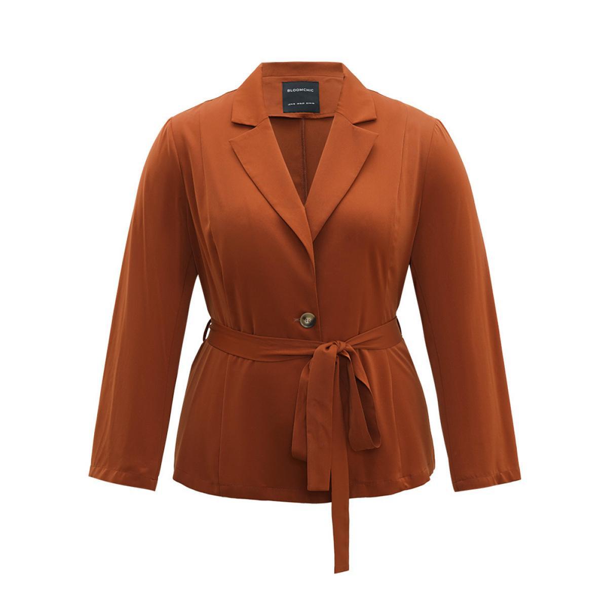 Plus Size Solid Belted Suit Collar Blazer Chocolate Women Dailywear Plain Plain Sleeve Long Sleeve Suit Collar 12/L Belt Casual Blazers BloomChic Product Image