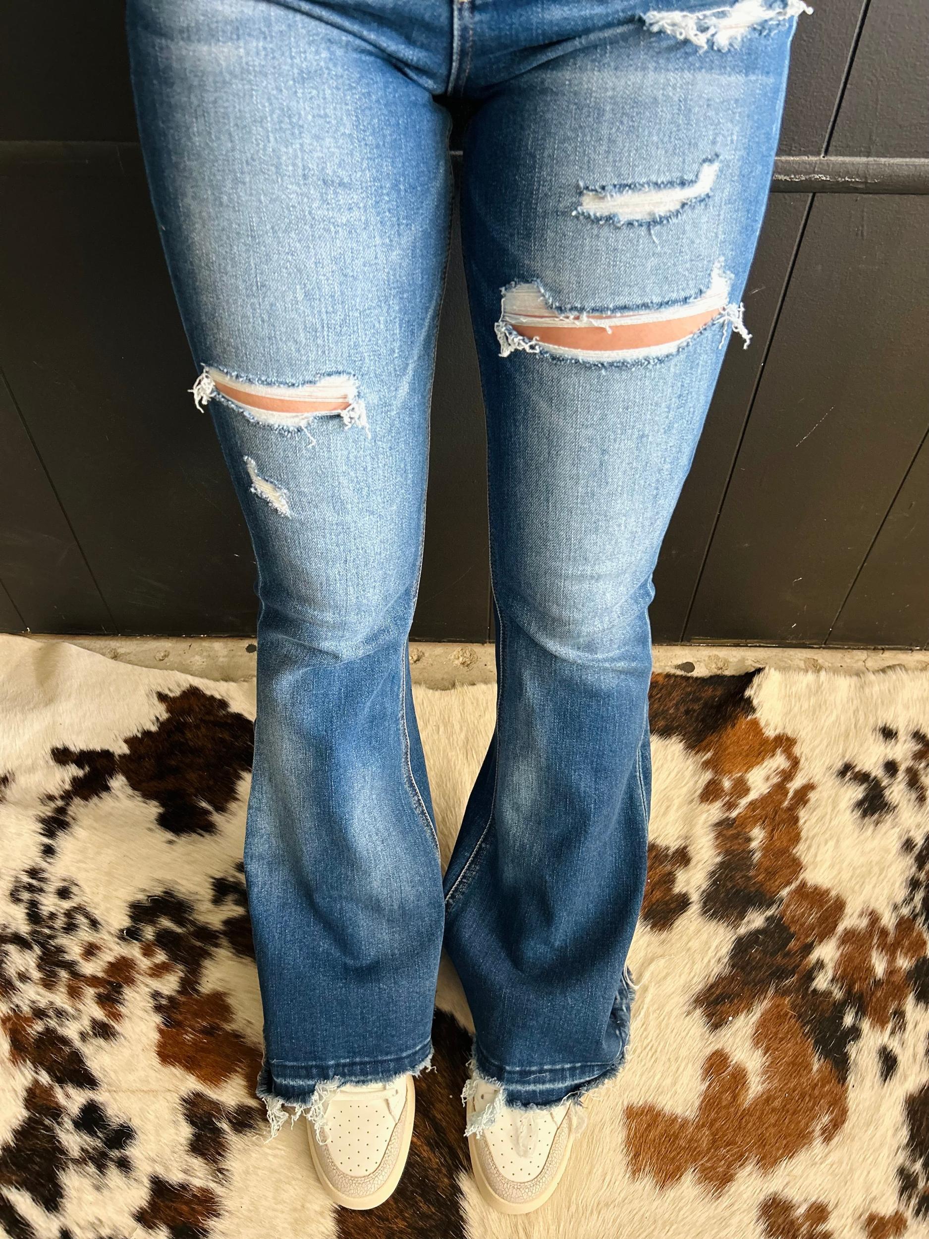 High Rise Frayed Hem Distressed Jeans Product Image