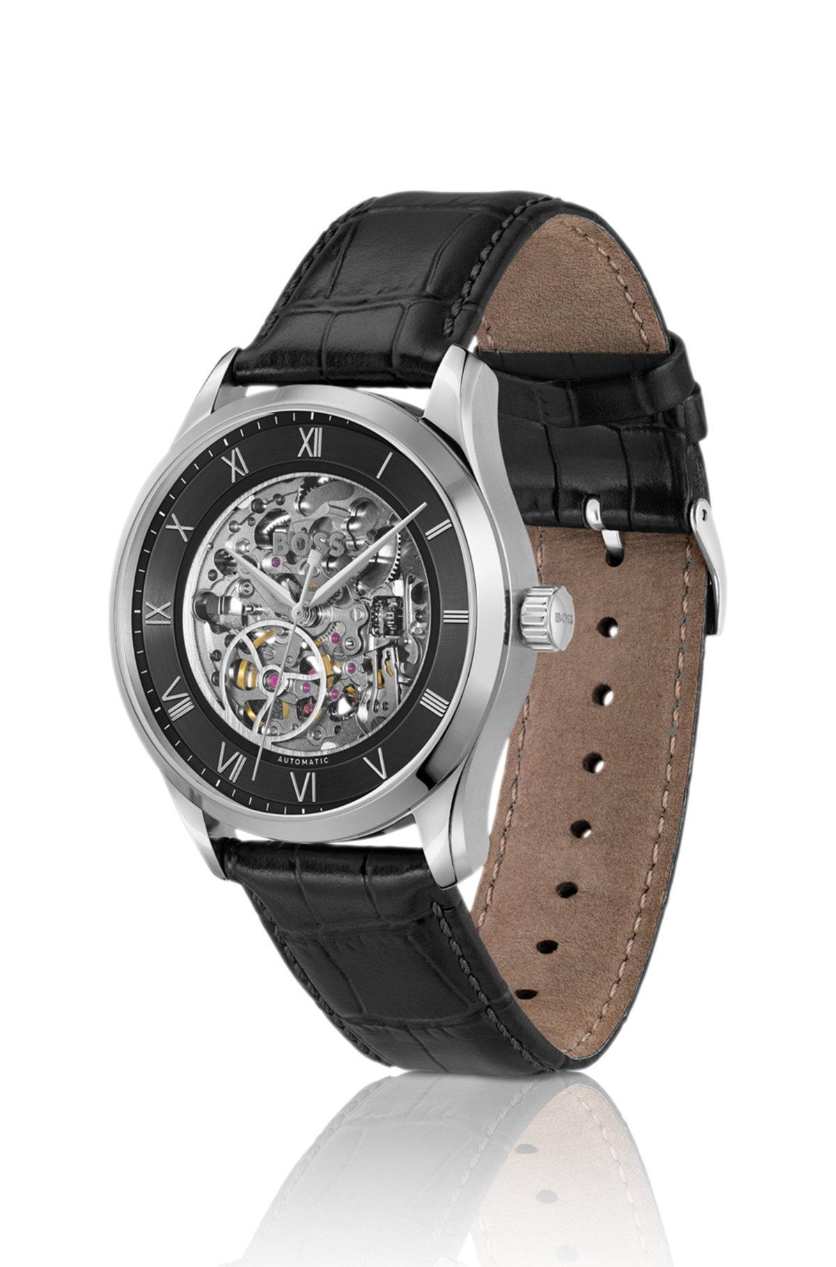 BOSS - Leather-strap watch with skeleton Japanese automatic movement Product Image