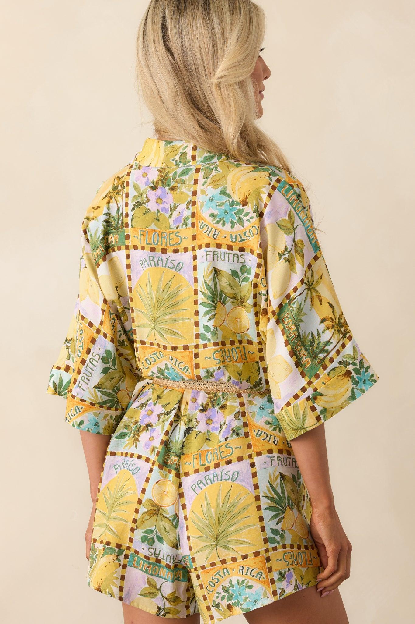 Views From The Veranda Yellow Tropical Print Linen Blend Romper Product Image