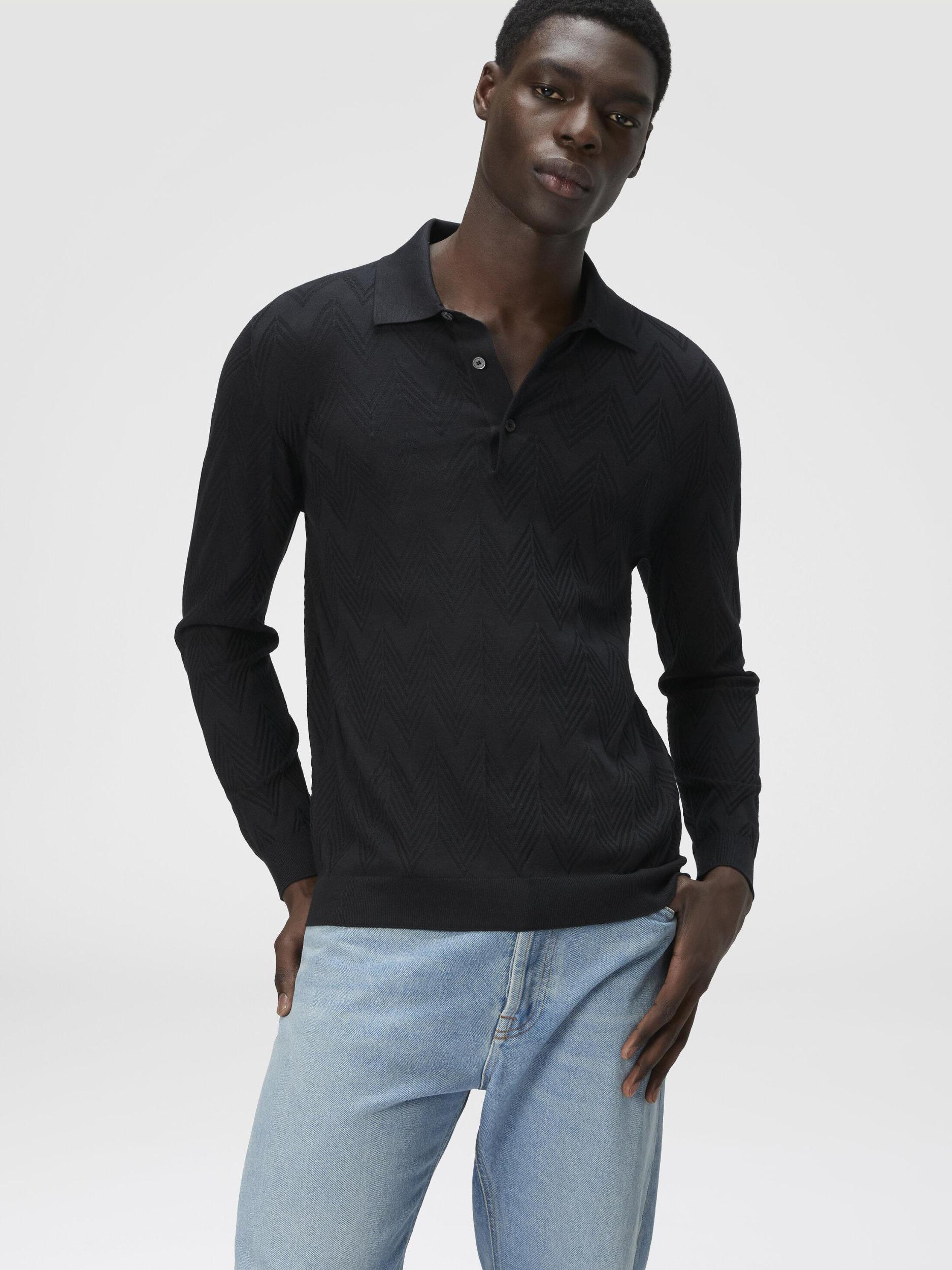 Long-sleeved polo shirt in 3D chevron cotton and silk Product Image